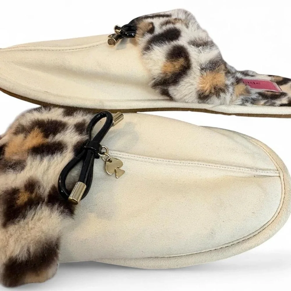 Kate Spade Lacey Slippers Women 8 Leopard Faux Fur Cream Bow Spade Charm Mule